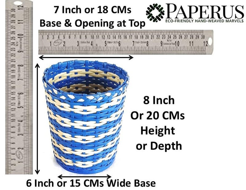 Sonas Creation Paperus Blue Beige Small Size 8 Inch Tall 5 Liter Dustbin for Bedrooms Waste Basket Indoor Planter Paper Bin Eco Friendly Sustainable Handmade of Paper Ropes - Image 2
