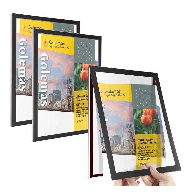 Golemas Acrylic Magnetic Sign Holder EasyOpening 85 x 11 Wall Mount Display Frames Self Adhesive Back Plastic Clear Document Frame Horizontal  Vertical Display Black 3Pack
