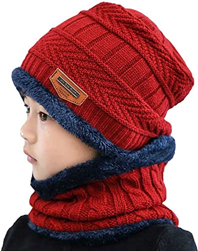 Dressify® - Kids Red Color Winter Soft Warm Snow Proof Cap (Inside Fur) Woolen Beanie Cap with Scarf for Boy's (Free Size) - Image 1