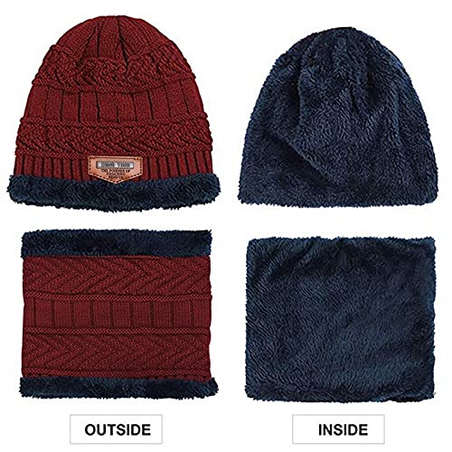 Dressify® - Kids Red Color Winter Soft Warm Snow Proof Cap (Inside Fur) Woolen Beanie Cap with Scarf for Boy's (Free Size) - Image 4