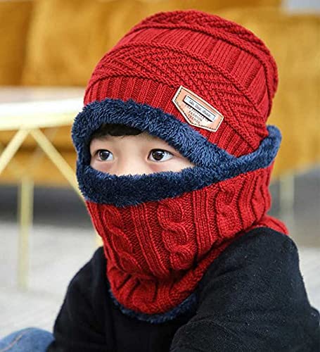 Dressify® - Kids Red Color Winter Soft Warm Snow Proof Cap (Inside Fur) Woolen Beanie Cap with Scarf for Boy's (Free Size) - Image 2