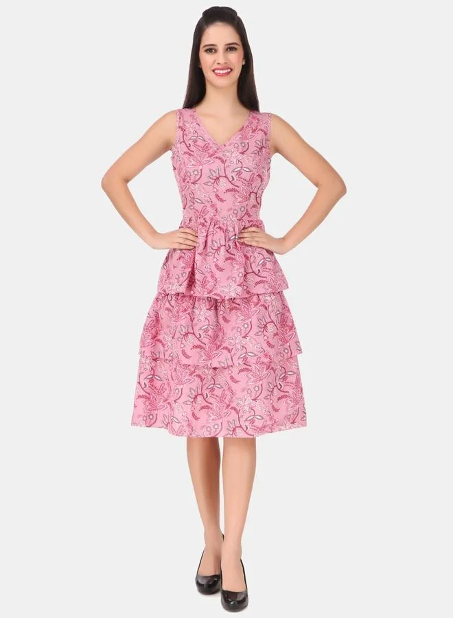 House Of Raeli Pink AOP Sleeveless Knee Length A-Line Tiered Dress
