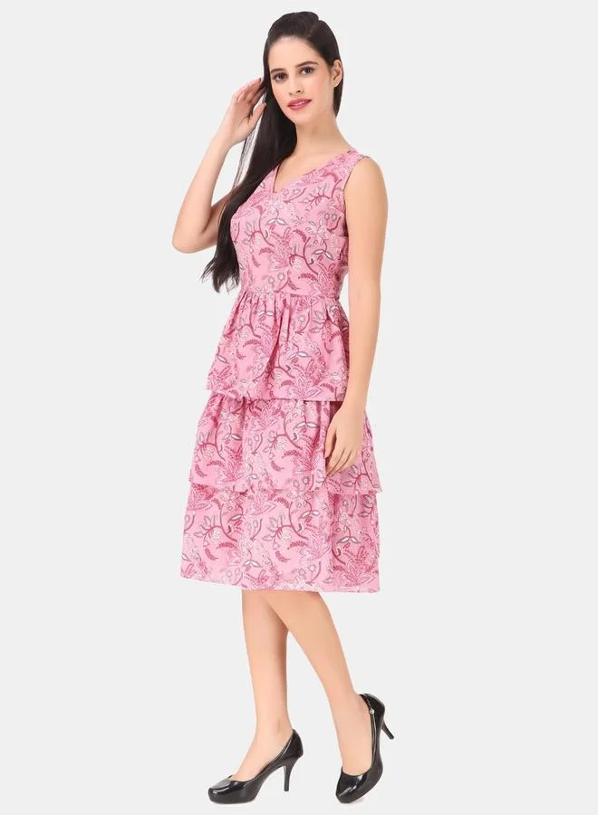 House Of Raeli Pink AOP Sleeveless Knee Length A-Line Tiered Dress