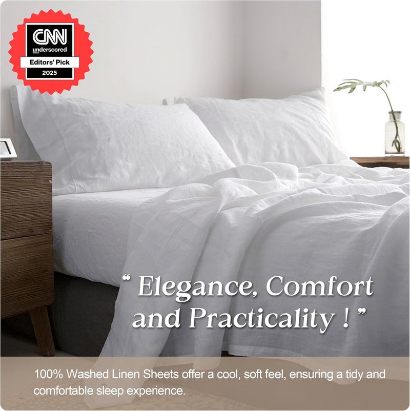 Simple&Opulence 100% Pure Linen Sheet Set Queen Size, Natural French Flax Solid Color 4 Pcs Washed Breathable, Farmhouse Bedding (1 Flat Sheet,1 Fitted Sheet,2 Pillowcases)-Embroidery White - Image 3