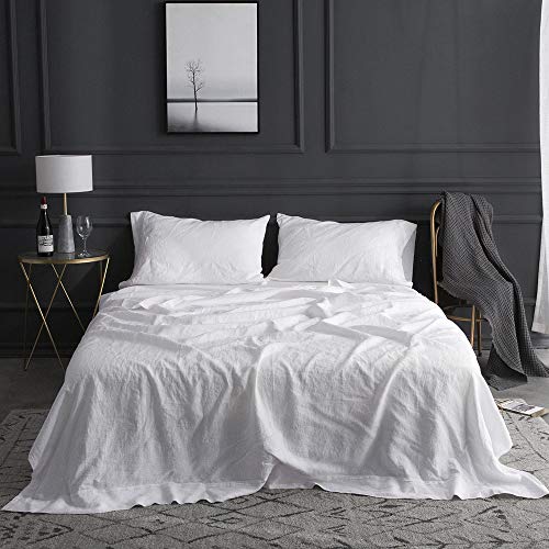 Simple&Opulence 100% Pure Linen Sheet Set Queen Size, Natural French Flax Solid Color 4 Pcs Washed Breathable, Farmhouse Bedding (1 Flat Sheet,1 Fitted Sheet,2 Pillowcases)-Embroidery White - Image 1