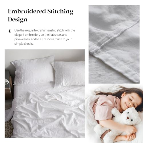 Simple&Opulence 100% Pure Linen Sheet Set Queen Size, Natural French Flax Solid Color 4 Pcs Washed Breathable, Farmhouse Bedding (1 Flat Sheet,1 Fitted Sheet,2 Pillowcases)-Embroidery White - Image 4