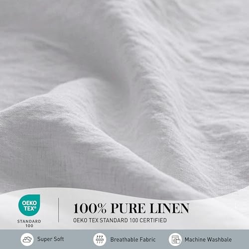 Simple&Opulence 100% Pure Linen Sheet Set Queen Size, Natural French Flax Solid Color 4 Pcs Washed Breathable, Farmhouse Bedding (1 Flat Sheet,1 Fitted Sheet,2 Pillowcases)-Embroidery White - Image 2