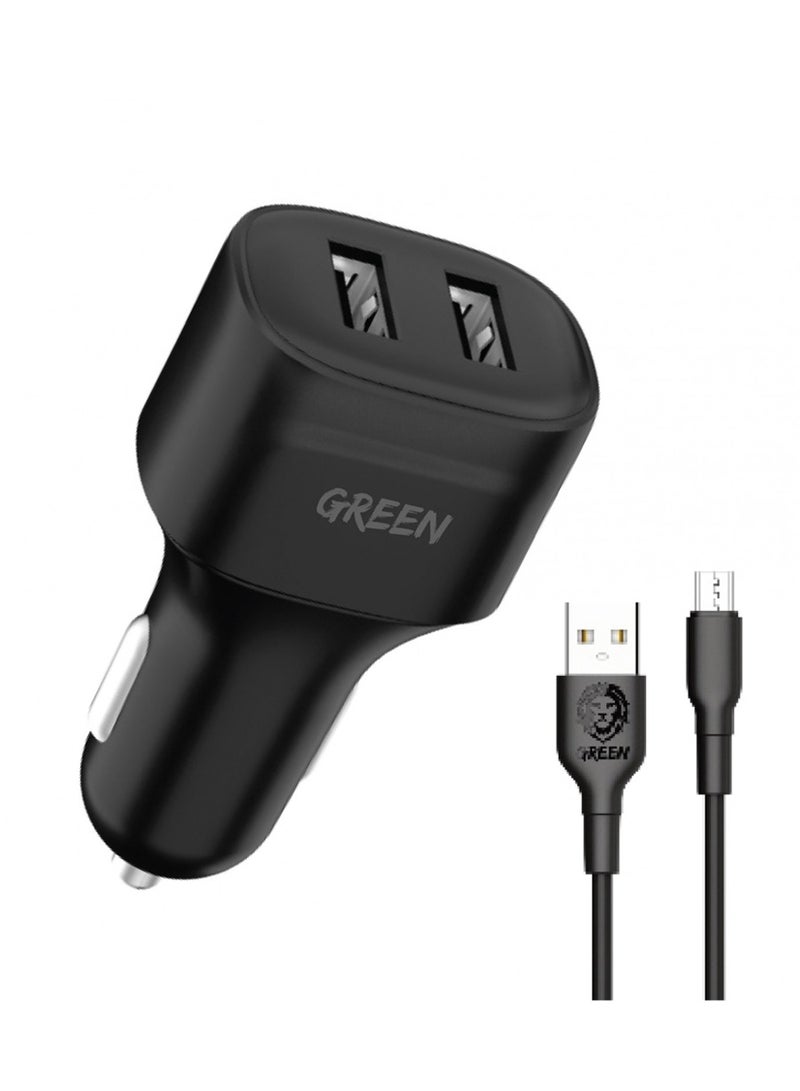 GREEN LION Green Dual Port Car Charger 12W with PVC Micro USB Cable 1.2M - Black - Image 1