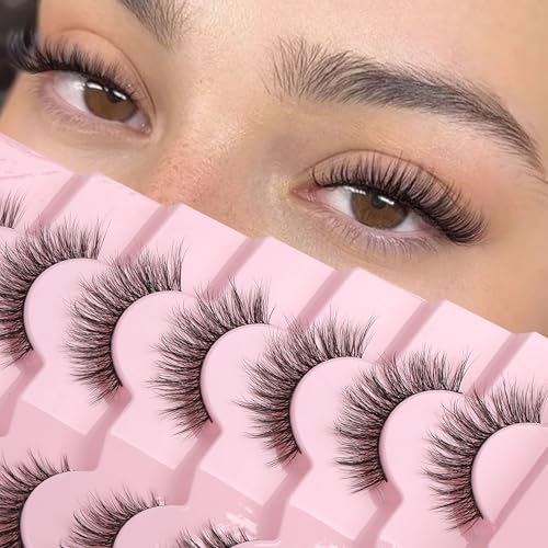 Onlyall Natural Lashes Wispy Lashes Natural Look False Eyelashes Natural Flared Eyelashes False Eye Lashes Soft Fluffy Lashes 7 Pairs D-K06, Black - Image 1
