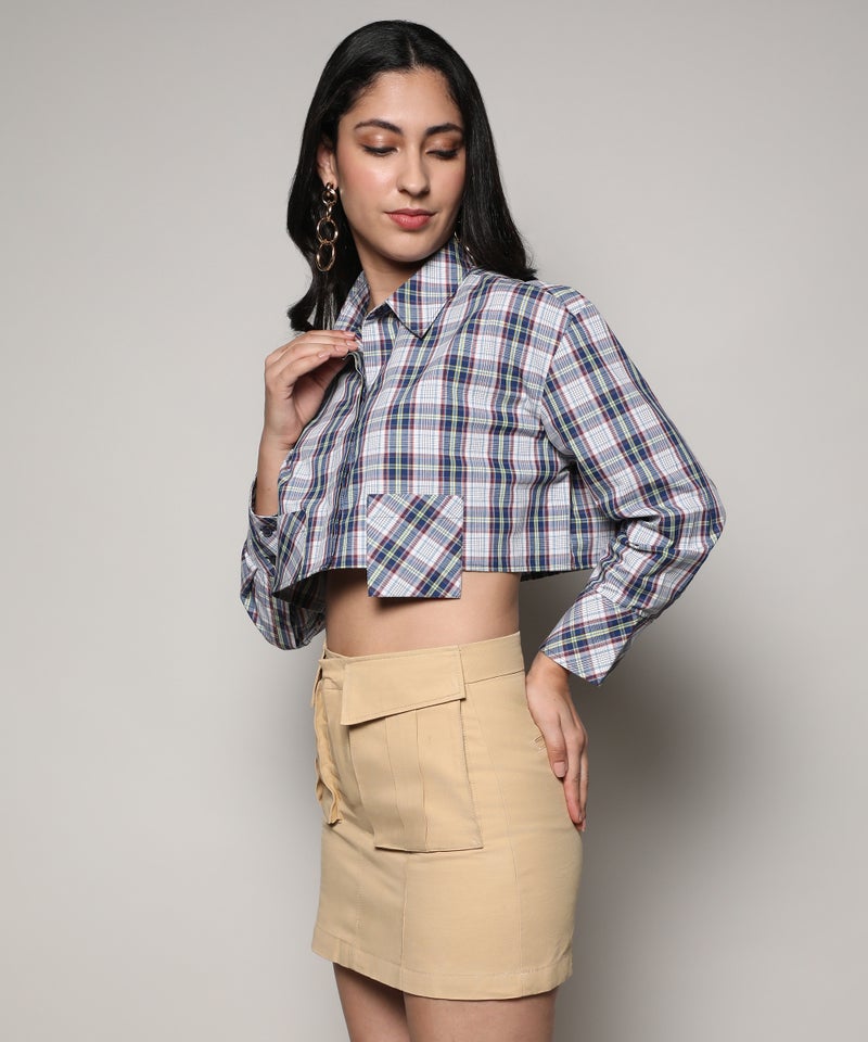 Campus Sutra Women's Indigo Blue & Ivory White Tartan Plaid Crop Shirt  - Image 3