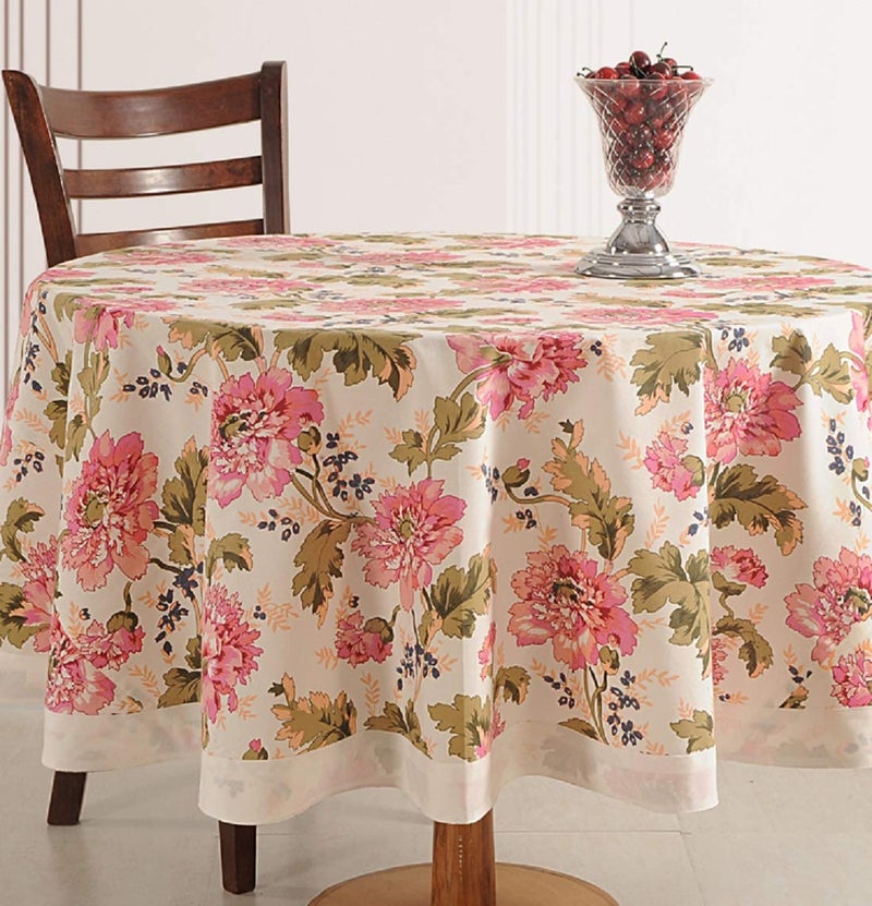 Swayam Swayam Plain Multipurpose Cotton (152cm Diameter) Round Table Cover/Cloth for 4 Seater Round Dining Table (Set 1) - 200TC, Color-Fast, Machine Washable, Beige Floral - Image 2