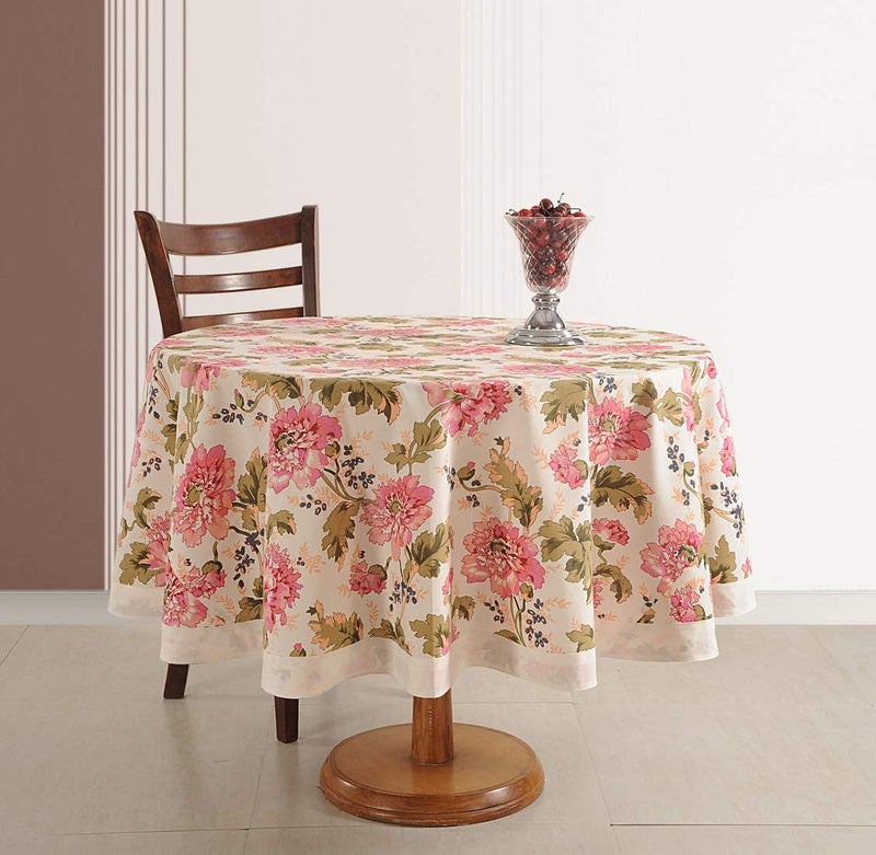 Swayam Swayam Plain Multipurpose Cotton (152cm Diameter) Round Table Cover/Cloth for 4 Seater Round Dining Table (Set 1) - 200TC, Color-Fast, Machine Washable, Beige Floral - Image 1