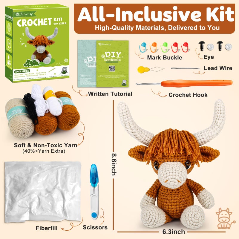 Faircosy Learn To Crochet Beginner Kit: All In One Highland Cow Crochet Diy Kit With Yarn  Crochet Hooks  Video Guide - Make Adorable Cow For Women  Teens & Adults - Great Learning Craft Gift - Image 2
