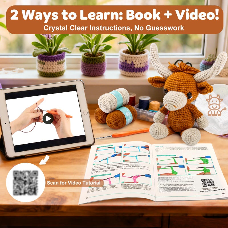 Faircosy Learn To Crochet Beginner Kit: All In One Highland Cow Crochet Diy Kit With Yarn  Crochet Hooks  Video Guide - Make Adorable Cow For Women  Teens & Adults - Great Learning Craft Gift - Image 3