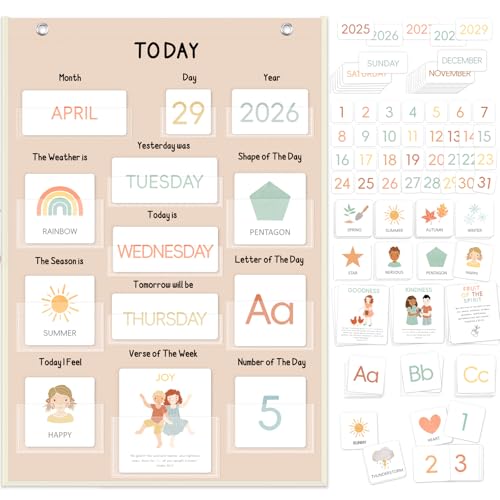 ALSLEA All About Today Calendar and Weather Pocket Chart 21 x 14 Small Boho Calendar for Kids Preschool Circle Time Learning Center Toddler Learning Activities Chart Homeschool Teacher Essentials 155 Cards - Image 1