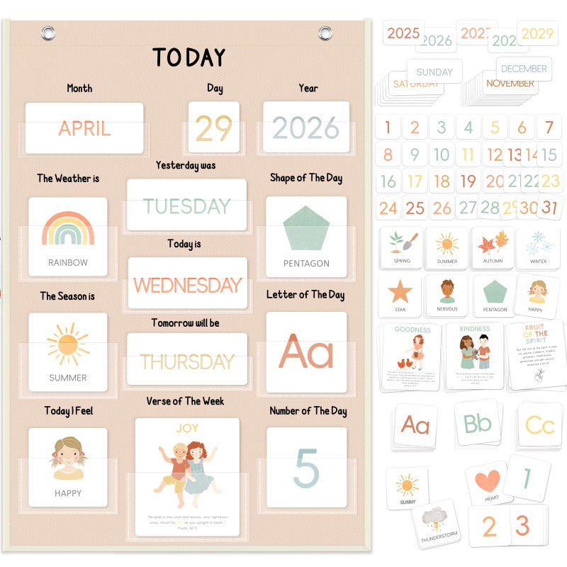 ALSLEA All About Today Calendar and Weather Pocket Chart 21 x 14 Small Boho Calendar for Kids Preschool Circle Time Learning Center Toddler Learning Activities Chart Homeschool Teacher Essentials 155 Cards - Image 2
