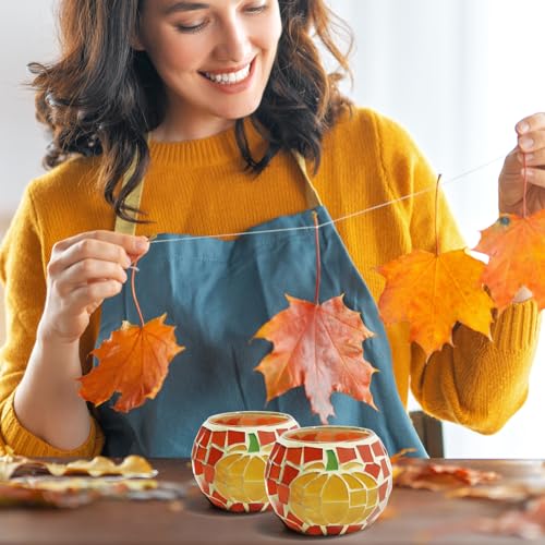 SHMILMH 4 PCS Pumpkin Candle Holders, Fall Table Centerpiece Decorations, 100% Mosaic Glass Votive Tealight Candle Holders for Thanksgiving Halloween Indoor Outdoor Decor - Image 4
