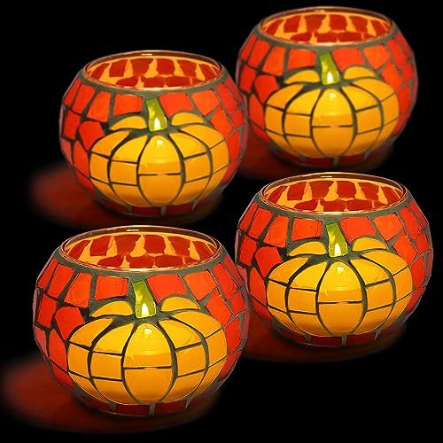 SHMILMH 4 PCS Pumpkin Candle Holders, Fall Table Centerpiece Decorations, 100% Mosaic Glass Votive Tealight Candle Holders for Thanksgiving Halloween Indoor Outdoor Decor - Image 1