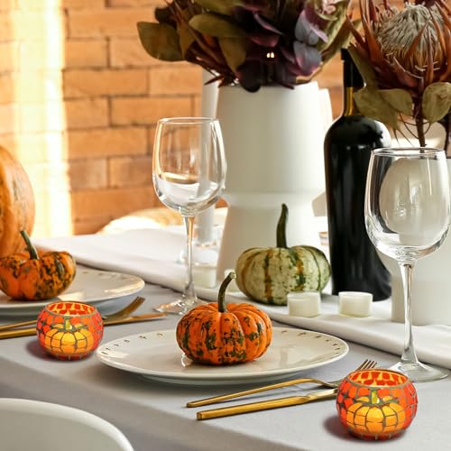 SHMILMH 4 PCS Pumpkin Candle Holders, Fall Table Centerpiece Decorations, 100% Mosaic Glass Votive Tealight Candle Holders for Thanksgiving Halloween Indoor Outdoor Decor - Image 5