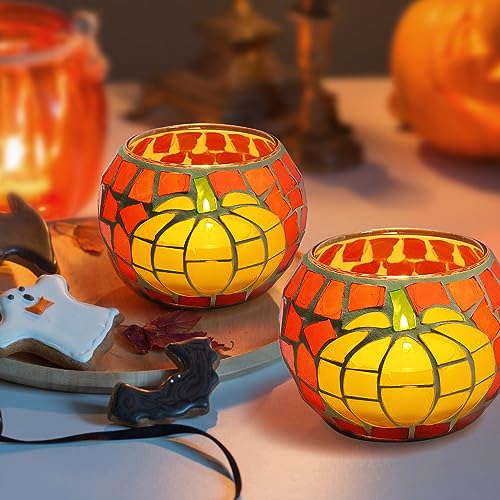 SHMILMH 4 PCS Pumpkin Candle Holders, Fall Table Centerpiece Decorations, 100% Mosaic Glass Votive Tealight Candle Holders for Thanksgiving Halloween Indoor Outdoor Decor - Image 2