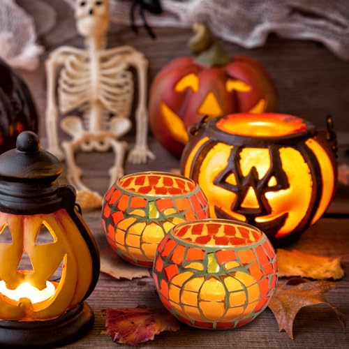 SHMILMH 4 PCS Pumpkin Candle Holders, Fall Table Centerpiece Decorations, 100% Mosaic Glass Votive Tealight Candle Holders for Thanksgiving Halloween Indoor Outdoor Decor - Image 3