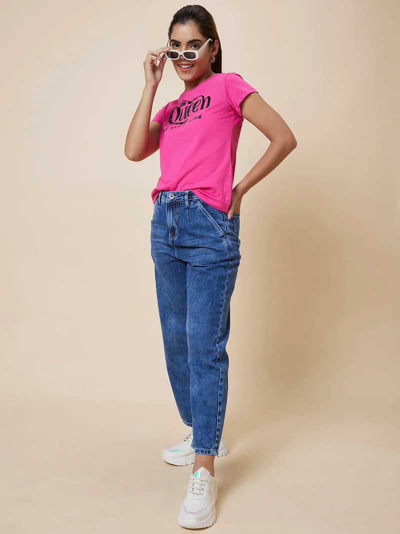 globus Globus Women Pink Typography Printed Round Neck Pure Cotton T-Shirt