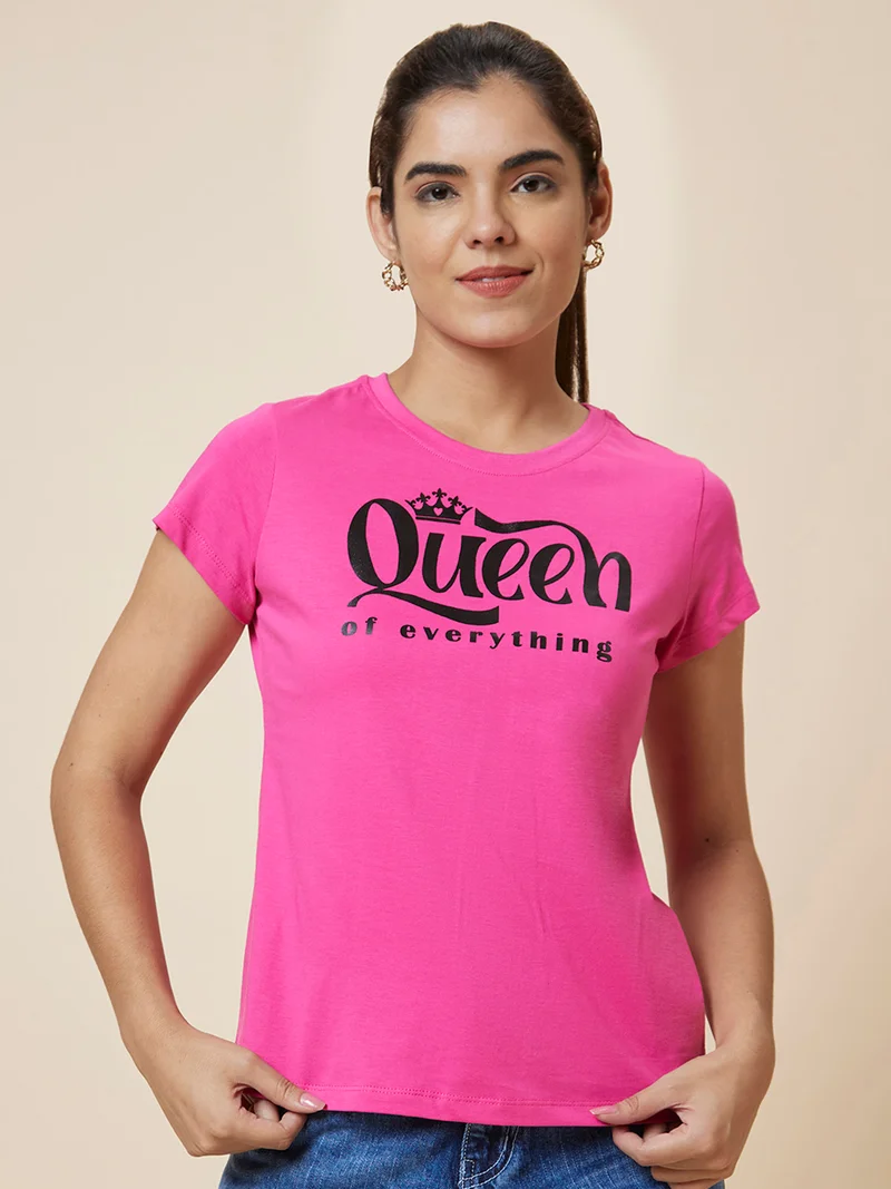 globus Globus Women Pink Typography Printed Round Neck Pure Cotton T-Shirt