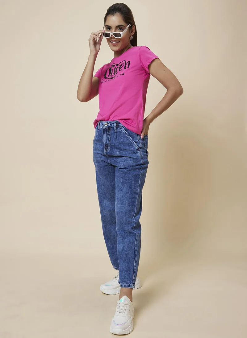 globus Globus Women Pink Typography Printed Round Neck Pure Cotton T-Shirt