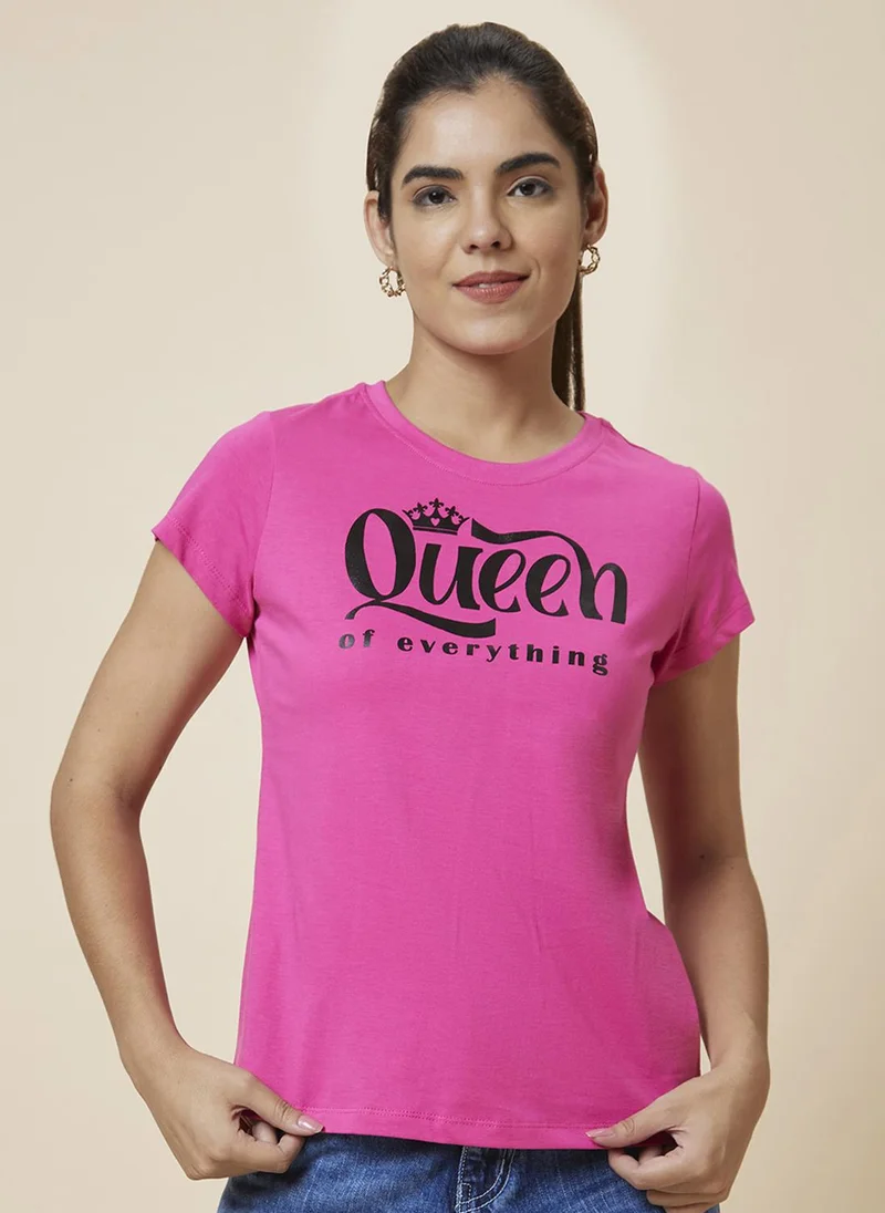 globus Globus Women Pink Typography Printed Round Neck Pure Cotton T-Shirt