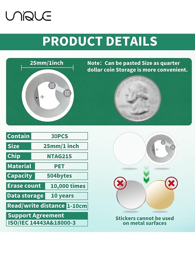 Unique 30 PCS NFC Tags -  NTAG215 NFC Stickers - Round NFC Sticker - Self-adhesive Label Sticker - 1 Inch RFID Stickers - Blank NFC Tags Compatible with All NFC-Enabled Smartphones - Image 2