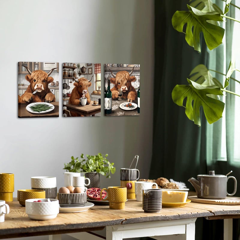 NutArtPic Kitchen Wall Art Highland Cow Picture Prints Funny Animal Dining Room Canvas Brown Kitchen Wall Decor 12''x16''x3 - Image 3