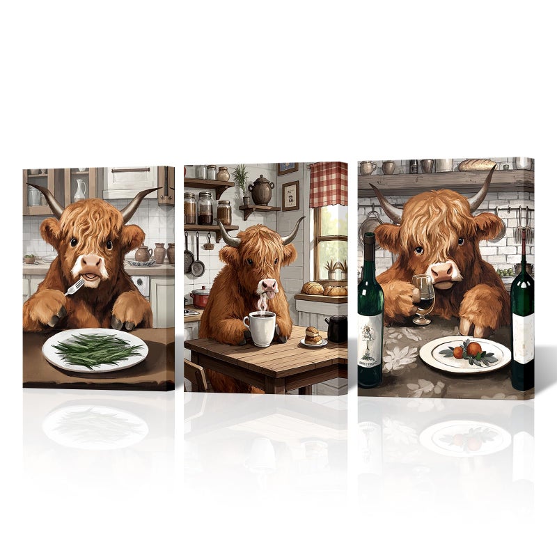 NutArtPic Kitchen Wall Art Highland Cow Picture Prints Funny Animal Dining Room Canvas Brown Kitchen Wall Decor 12''x16''x3 - Image 1