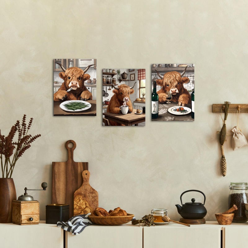 NutArtPic Kitchen Wall Art Highland Cow Picture Prints Funny Animal Dining Room Canvas Brown Kitchen Wall Decor 12''x16''x3 - Image 2