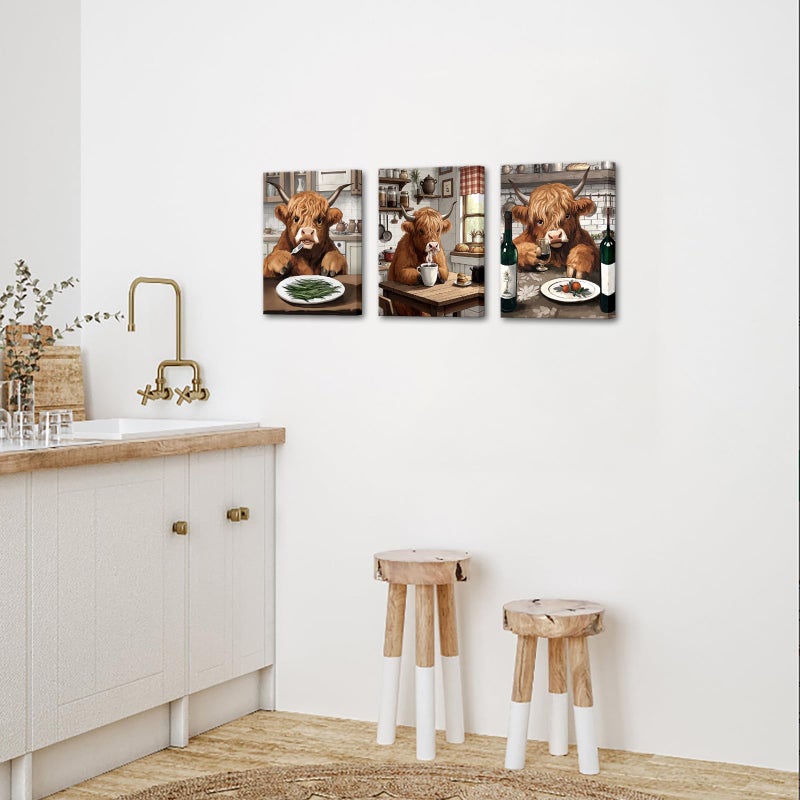 NutArtPic Kitchen Wall Art Highland Cow Picture Prints Funny Animal Dining Room Canvas Brown Kitchen Wall Decor 12''x16''x3 - Image 5