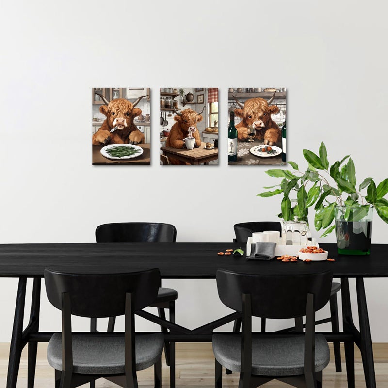 NutArtPic Kitchen Wall Art Highland Cow Picture Prints Funny Animal Dining Room Canvas Brown Kitchen Wall Decor 12''x16''x3 - Image 4