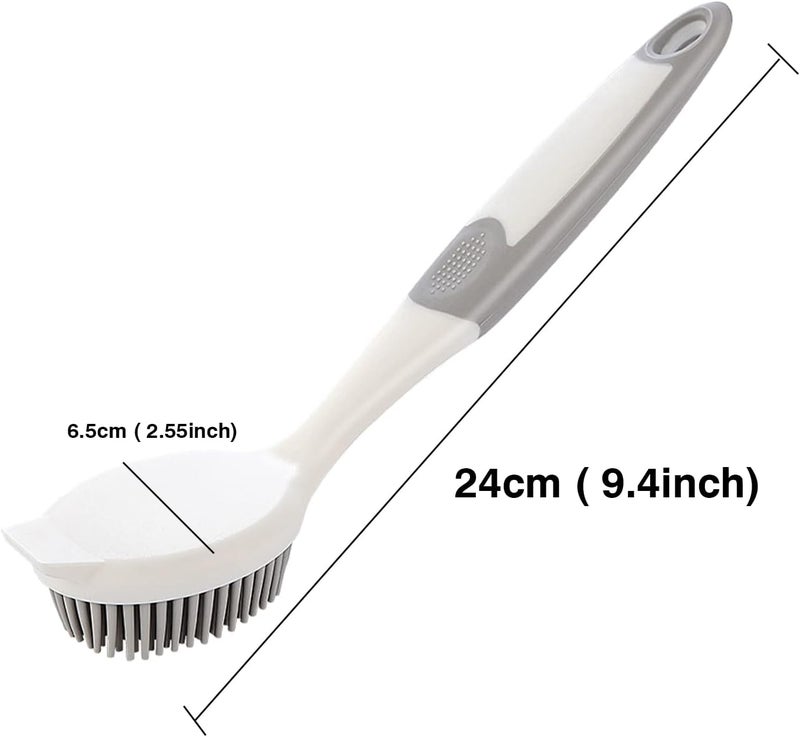 AMORBASE Dish Scrubber, Silicone Soft Bristles Scrub Brush with Scraper Tip, Comfortable Grip Brushes for Kitchen Sink, Pans, Pots, Skillet, Vegetable, Fruit, Potato Cleaning (White/Grey) - Image 2