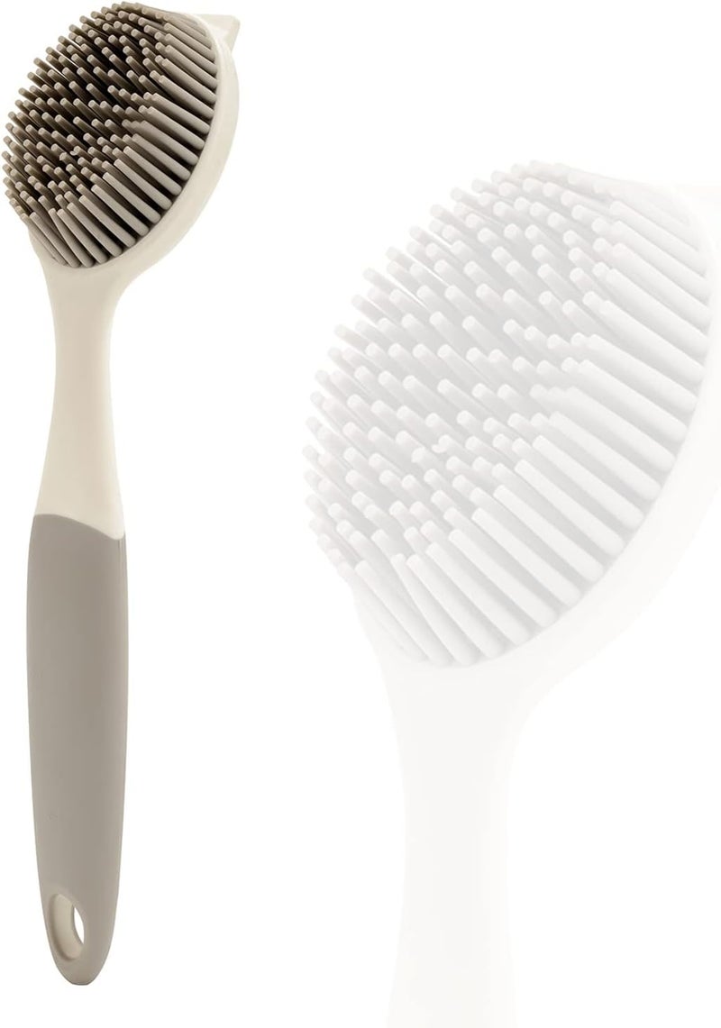 AMORBASE Dish Scrubber, Silicone Soft Bristles Scrub Brush with Scraper Tip, Comfortable Grip Brushes for Kitchen Sink, Pans, Pots, Skillet, Vegetable, Fruit, Potato Cleaning (White/Grey) - Image 1