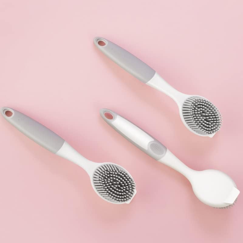 AMORBASE Dish Scrubber, Silicone Soft Bristles Scrub Brush with Scraper Tip, Comfortable Grip Brushes for Kitchen Sink, Pans, Pots, Skillet, Vegetable, Fruit, Potato Cleaning (White/Grey) - Image 3