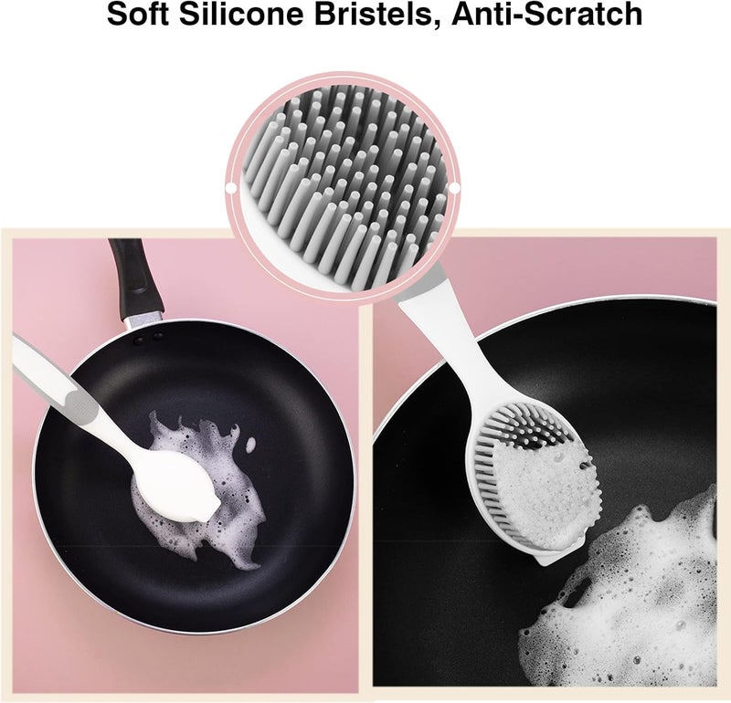 AMORBASE Dish Scrubber, Silicone Soft Bristles Scrub Brush with Scraper Tip, Comfortable Grip Brushes for Kitchen Sink, Pans, Pots, Skillet, Vegetable, Fruit, Potato Cleaning (White/Grey) - Image 5