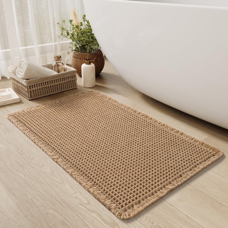 Khaki honeycomb floor mat microfiber soft strong absorbent non-slip rubber bottom with tassel machine washable 43*61cm - Image 1