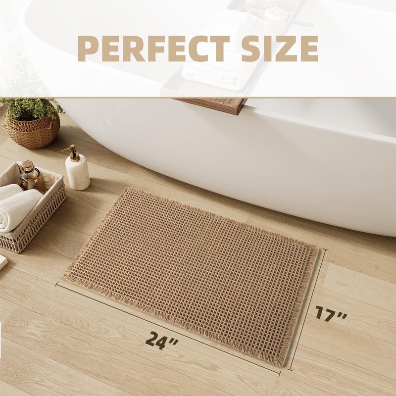 Khaki honeycomb floor mat microfiber soft strong absorbent non-slip rubber bottom with tassel machine washable 43*61cm - Image 2