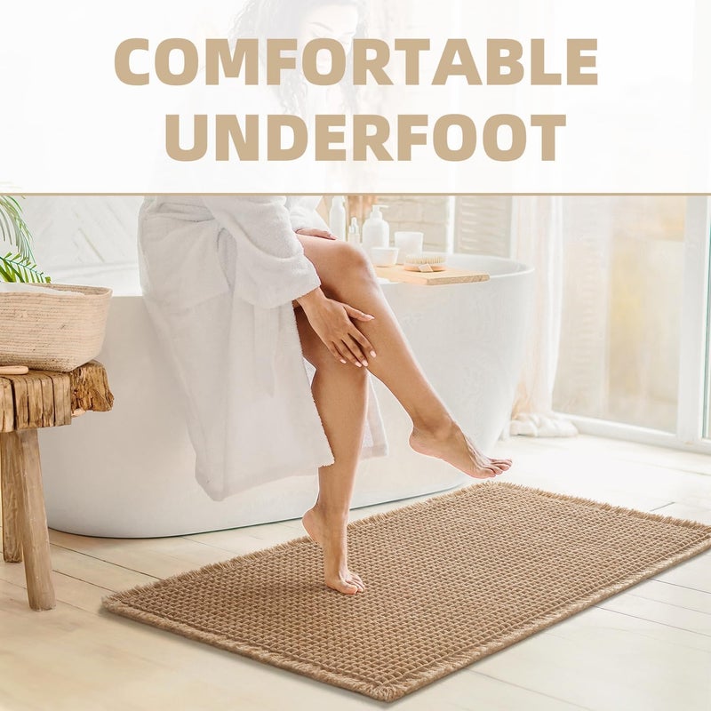 Khaki honeycomb floor mat microfiber soft strong absorbent non-slip rubber bottom with tassel machine washable 43*61cm - Image 5