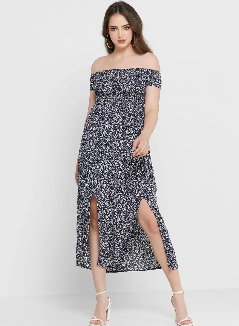Ginger Off Shoulder Double Slit Printed Dress