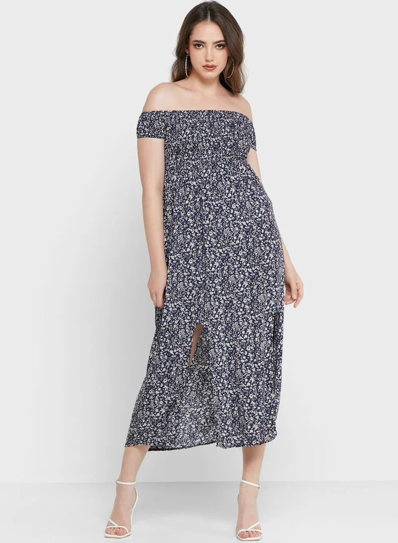 Ginger Off Shoulder Double Slit Printed Dress