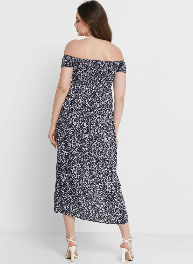 Ginger Off Shoulder Double Slit Printed Dress