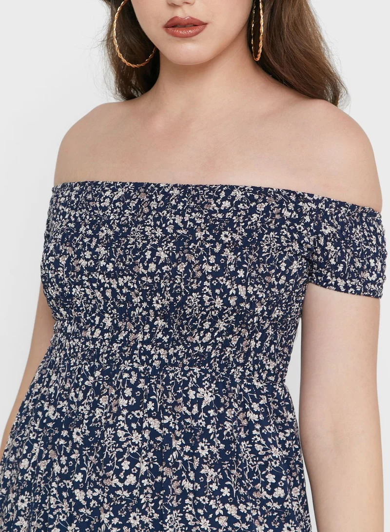 Ginger Off Shoulder Double Slit Printed Dress