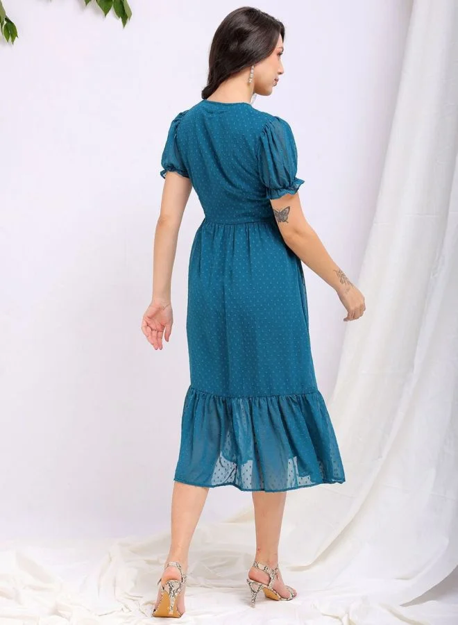 Freehand  Women Fit and Flared Solid V-Neck Short Sleeve Tiered Dress for Women | Best Price UAE