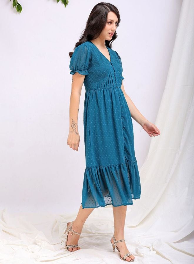 Freehand Women Fit and Flared Solid V-Neck Short Sleeve Tiered Dress - Image 3
