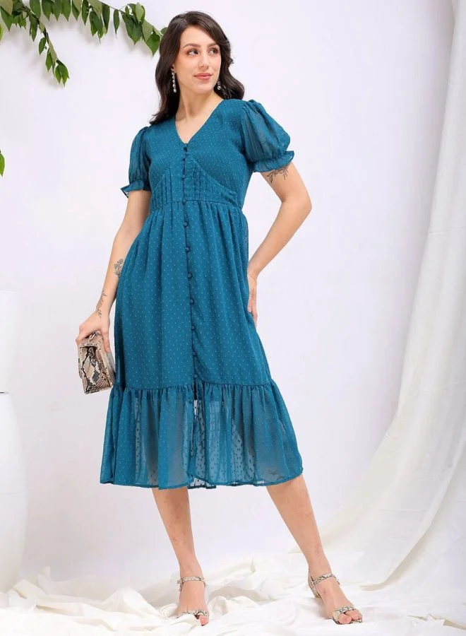 Freehand  Women Fit and Flared Solid V-Neck Short Sleeve Tiered Dress for Women | Best Price UAE