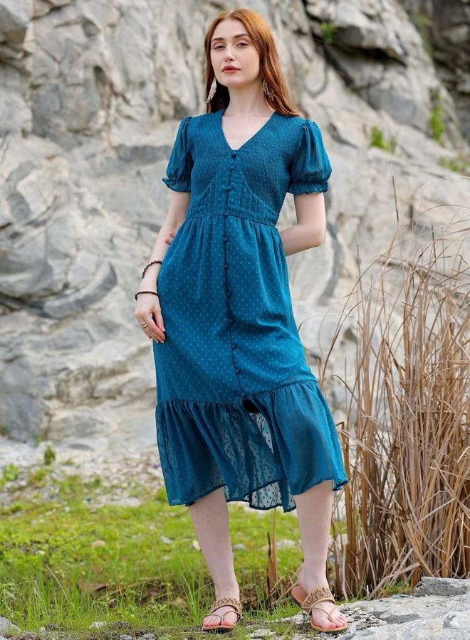 Women Fit and Flared Solid V-Neck Short Sleeve Tiered Dress